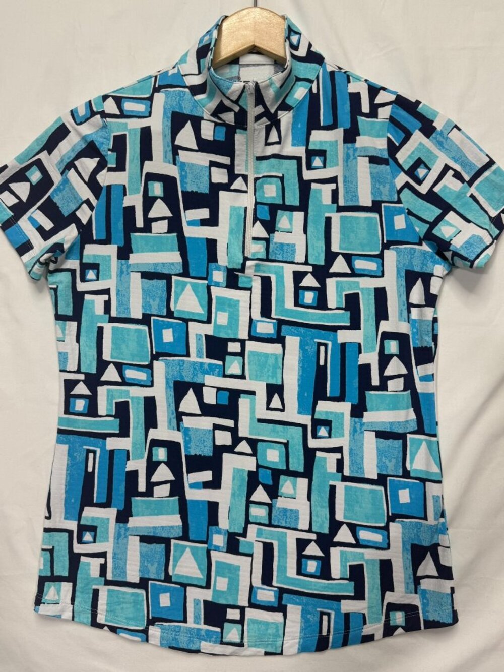 IBKUL Womens S Golf Shirt Blue Geometric Short Sleeve Quarter Zip UPF 50+